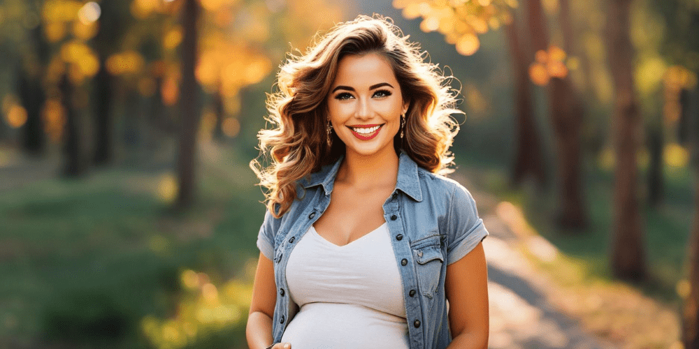 pregnant woman smiling with trees in the background
