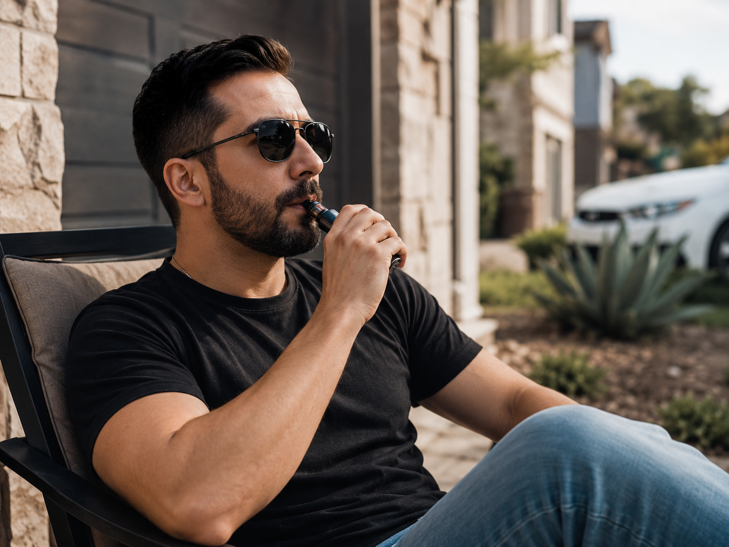 vaping-habit-adult-north-austin-oral-health.jpg Adult man vaping outdoors in a suburban North Austin home, representing lifestyle habits that can affect oral health and teeth over time