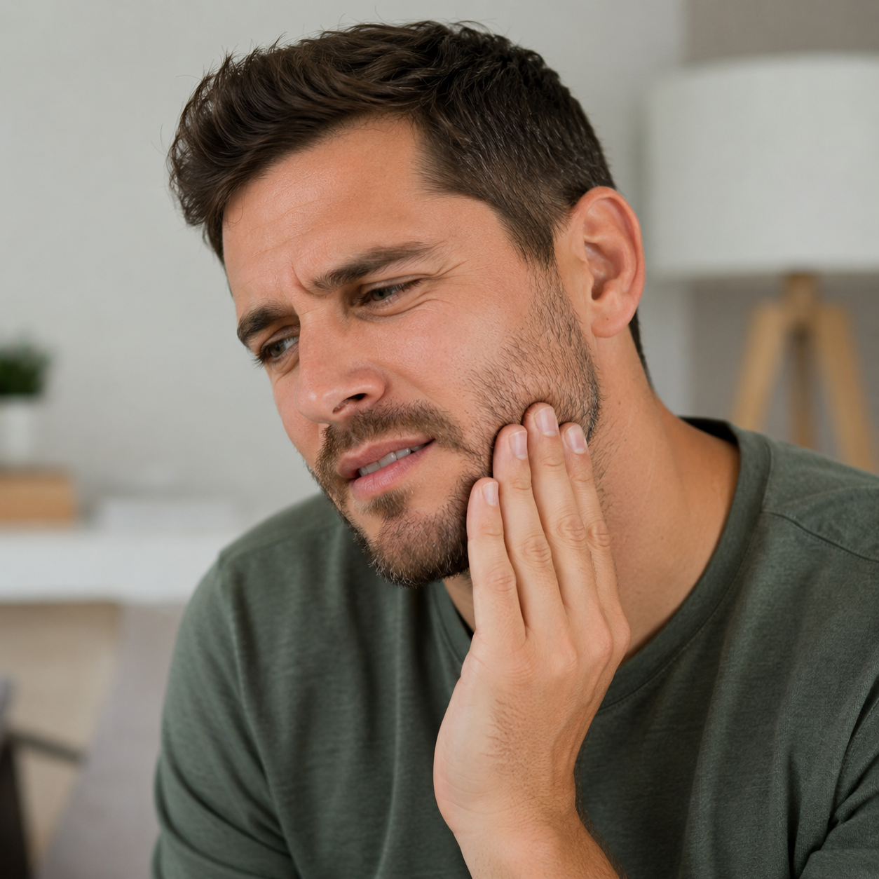 Man experiencing jaw discomfort and dry mouth symptoms, common oral health effects associated with vaping