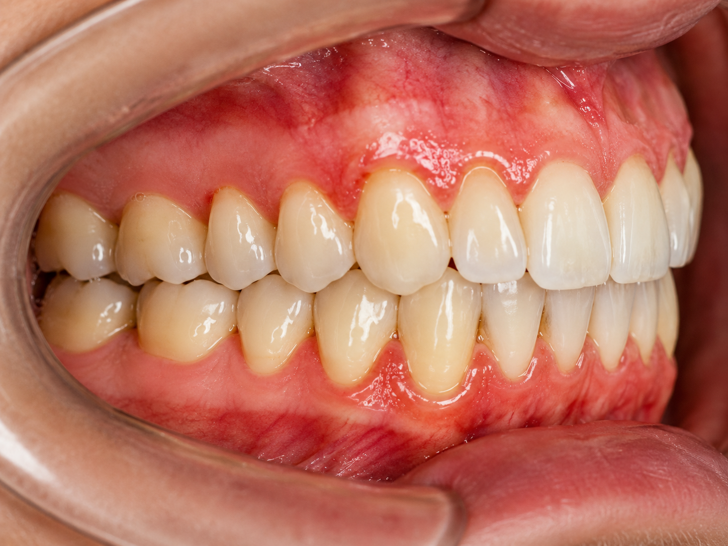 Close-up of inflamed gums and teeth showing early signs of gum irritation and gingivitis, commonly associated with vaping and poor oral health conditions