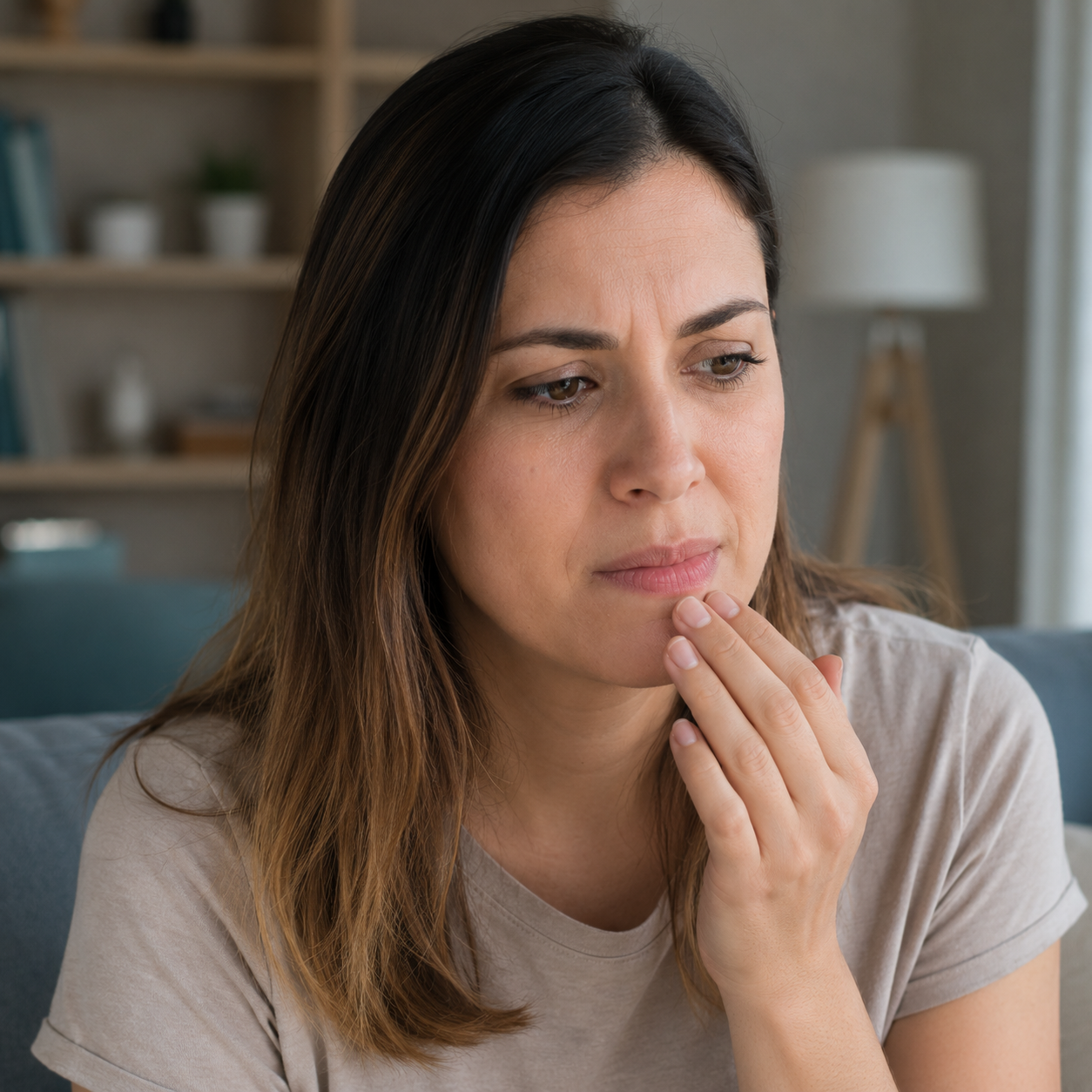 Woman showing concern about oral health, illustrating increased risk of cavities and dental issues linked to vaping habits
